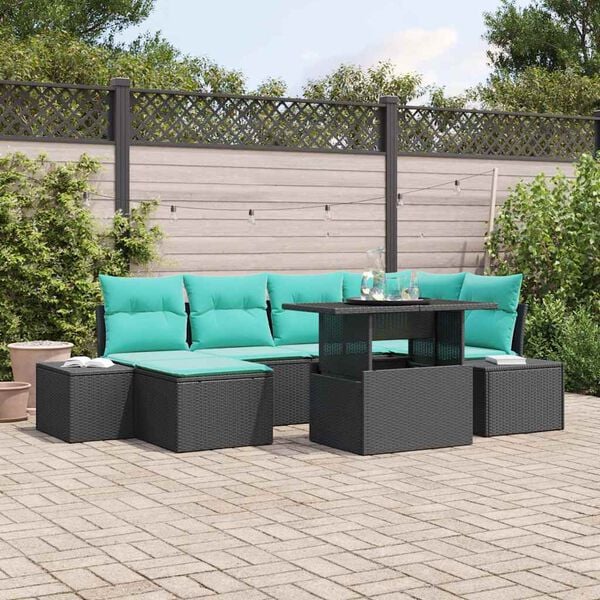 vidaXL Garden Sofa Set 7 pcs Black and Turquiose Poly Rattan