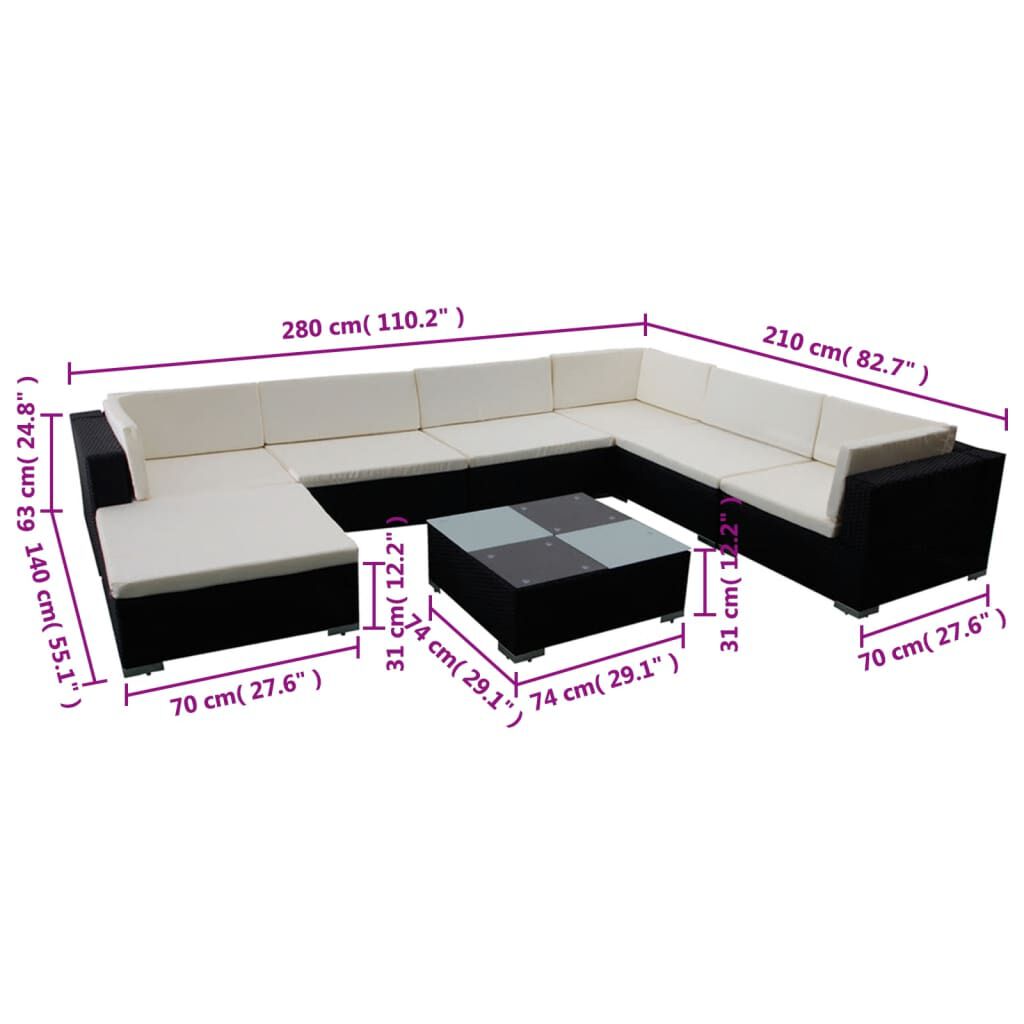 vidaXL 8 Piece Garden Lounge Set with Cushions Poly Rattan Black