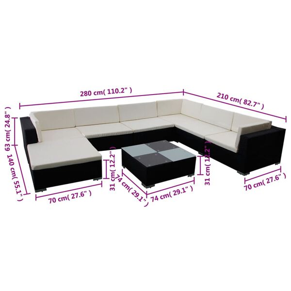 vidaXL 8 Piece Garden Lounge Set with Cushions Poly Rattan Black