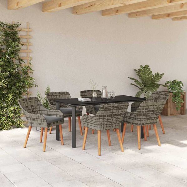 vidaXL Garden Dining Set with Cushion 7 pcs Grey Poly Rattan
