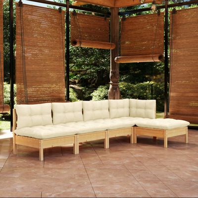 vidaXL 5 Piece Garden Lounge Set with Cream Cushions Pinewood