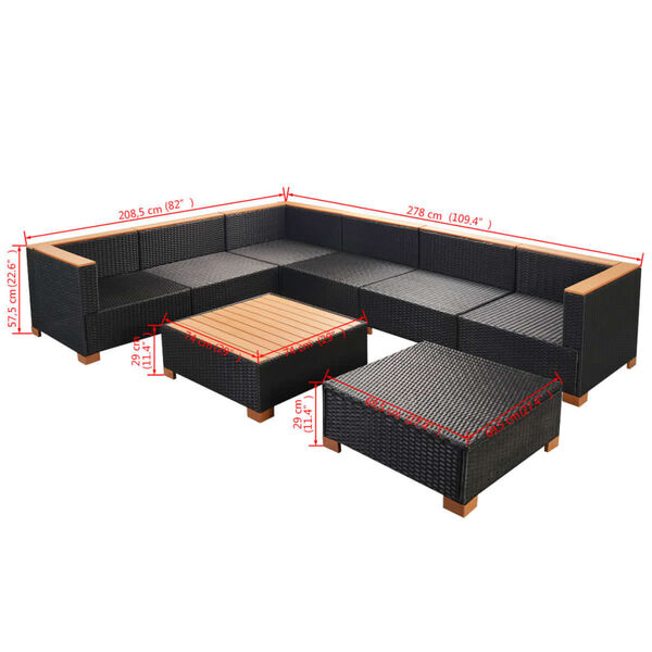 vidaXL 8 Piece Garden Lounge Set with Cushions Poly Rattan Black
