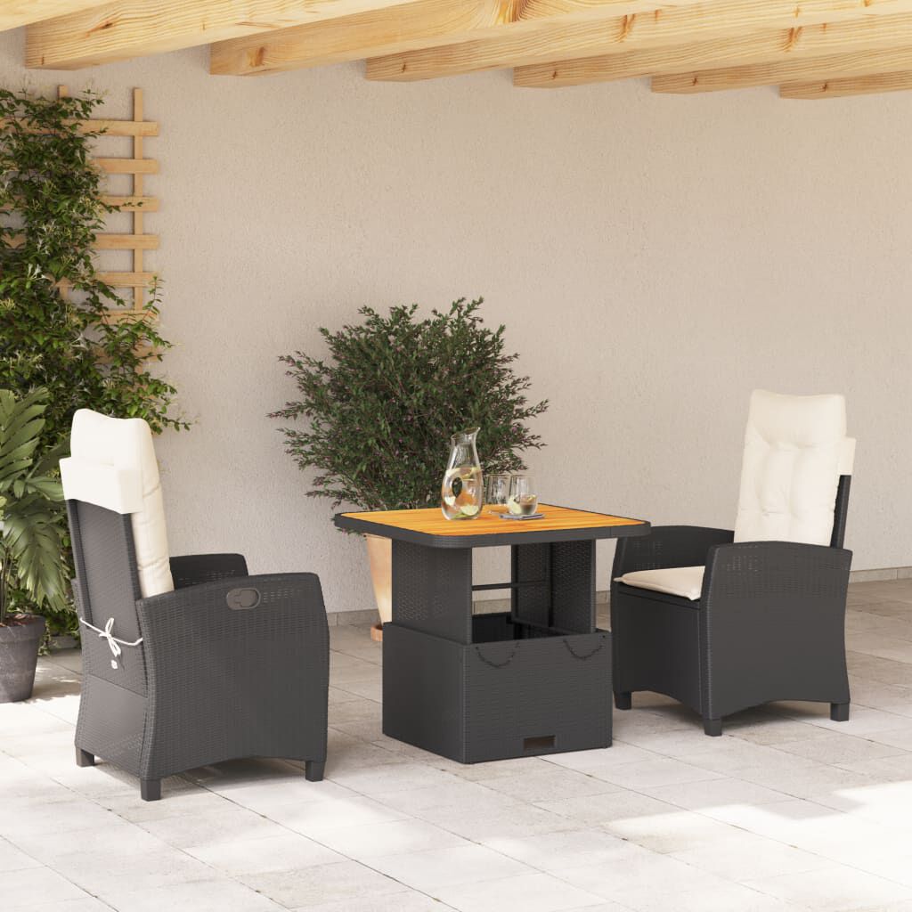 vidaXL 3 Piece Garden Dining Set with Cushions Black Poly Rattan