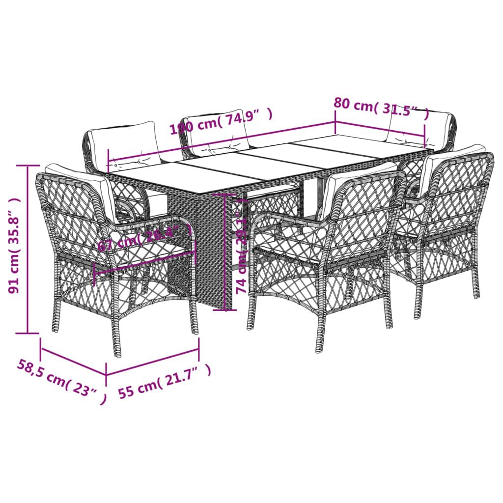 vidaXL 7 Piece Garden Dining Set with Cushions Beige Poly Rattan