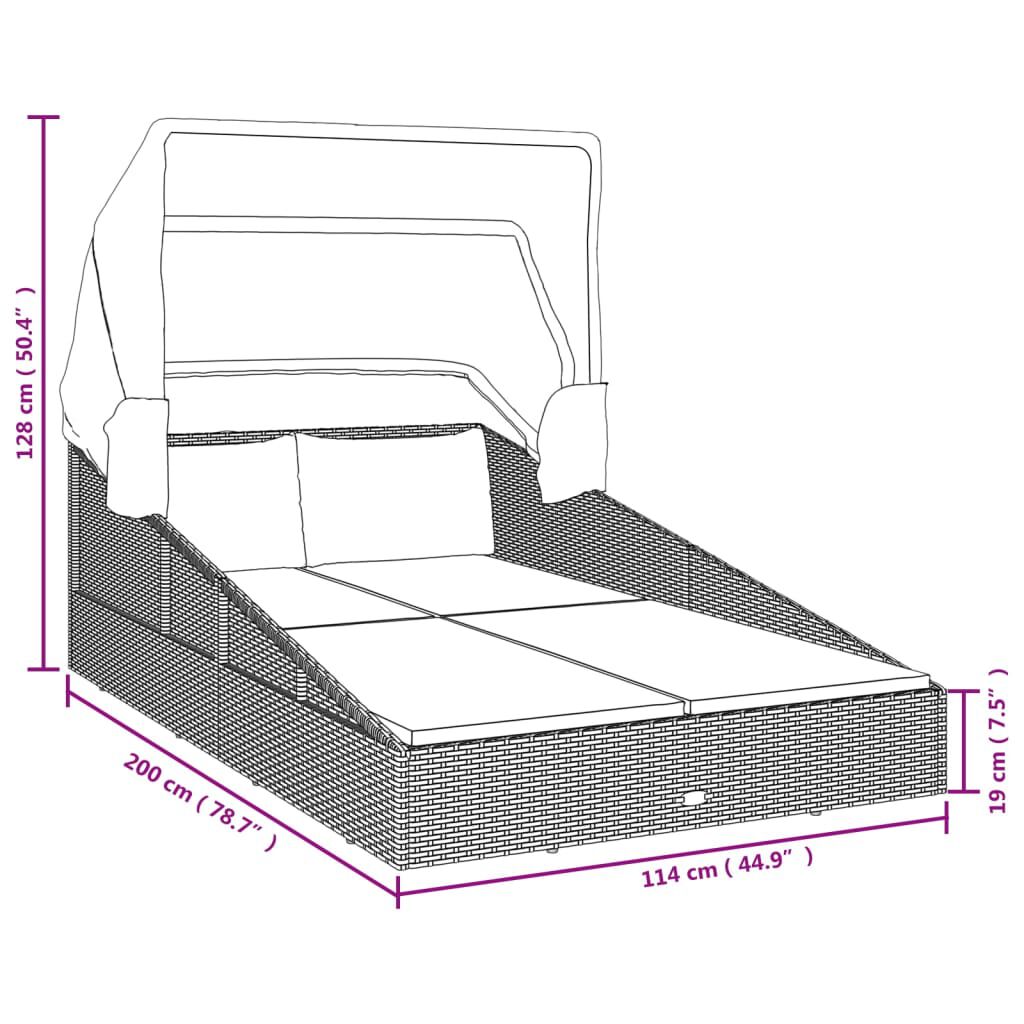 vidaXL Sunbed with Foldable Roof Black 200x114x128 cm Poly Rattan