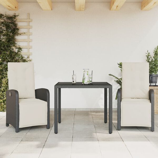 vidaXL 3 Piece Bistro Set with Cushions Black Poly Rattan