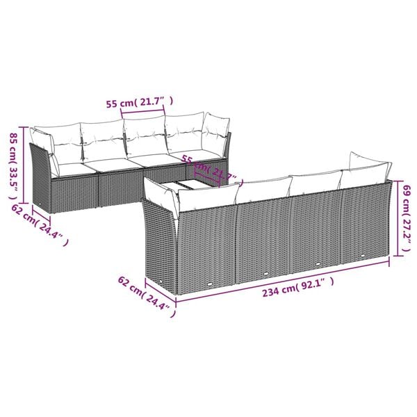 vidaXL 9 Piece Garden Sofa Set with Cushions Brown Poly Rattan