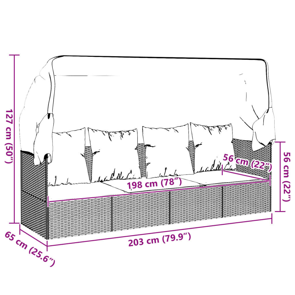 vidaXL Outdoor Lounge Bed with Roof and Cushions Brown Poly Rattan