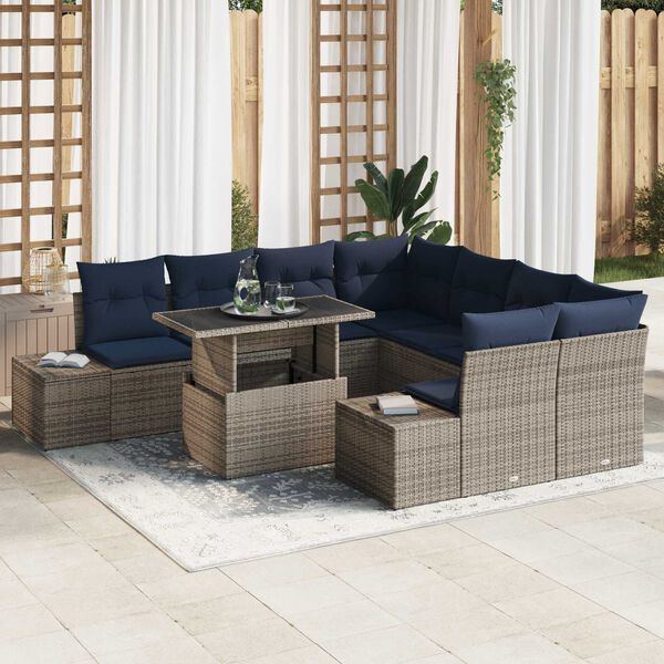 vidaXL 9 Piece Garden Sofa Set with Cushions Grey Poly Rattan
