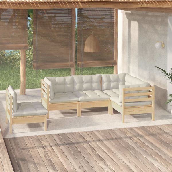 vidaXL 5 Piece Garden Lounge Set with Cream Cushions Pinewood