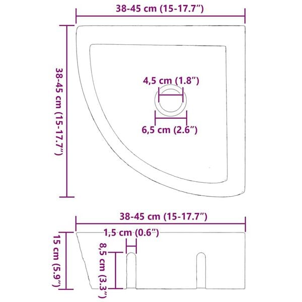 vidaXL Wall Hung Corner Basin Grey (38-45) x (38-45) x 12 cm
