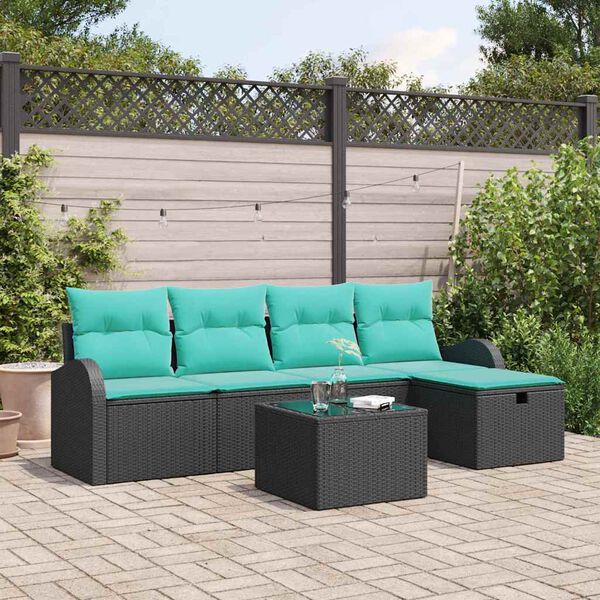 vidaXL Sofa Set with Cushion 6 pcs Black and Turquoise Poly Rattan