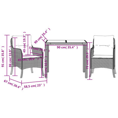 vidaXL 3 Piece Garden Dining Set with Cushions Black Poly Rattan