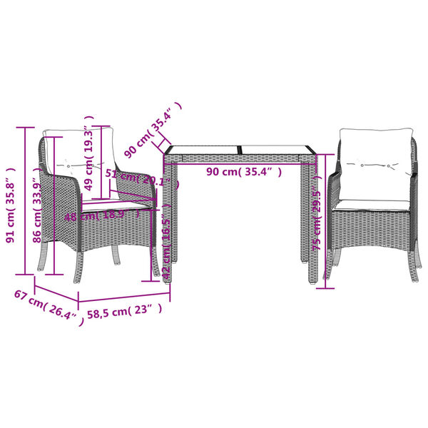 vidaXL 3 Piece Garden Dining Set with Cushions Black Poly Rattan