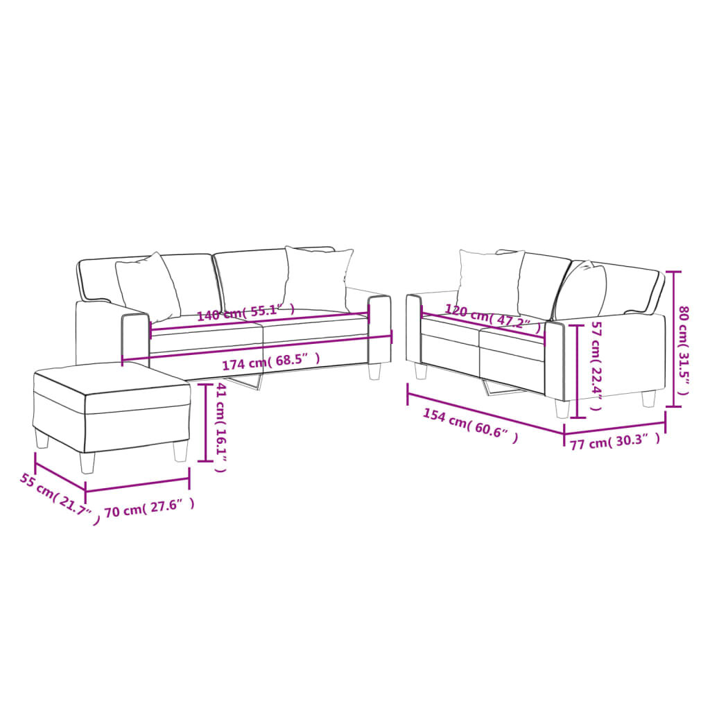 vidaXL 3 Piece Sofa Set with Pillows Black Faux Leather