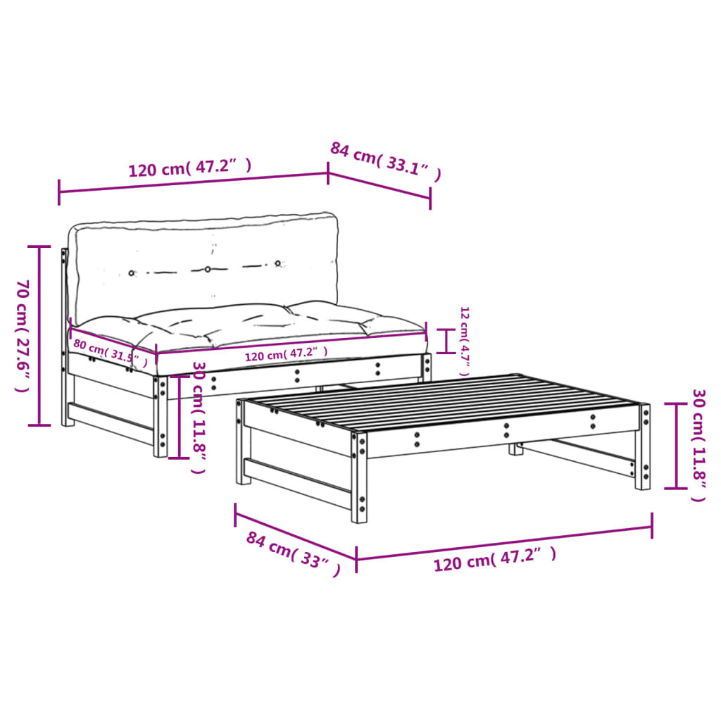 vidaXL 2 Piece Garden Lounge Set with Cushions Solid Wood