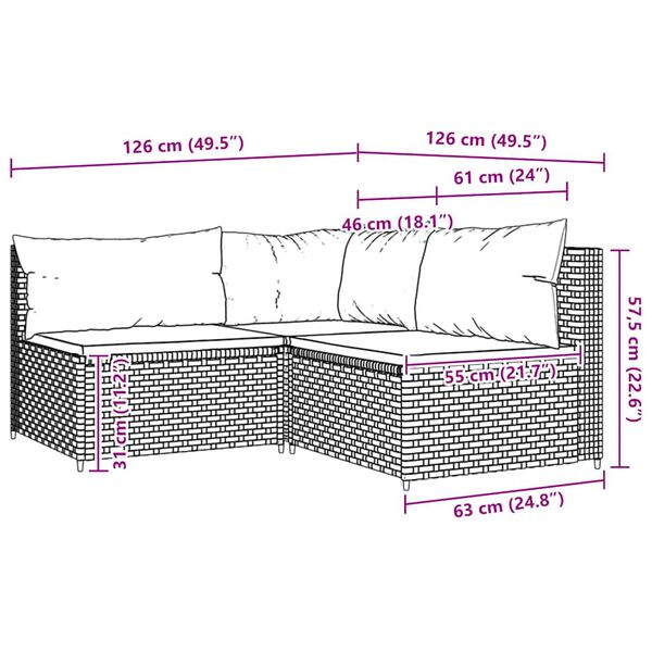 vidaXL 3 Piece Garden Lounge Set with Cushions Grey Poly Rattan