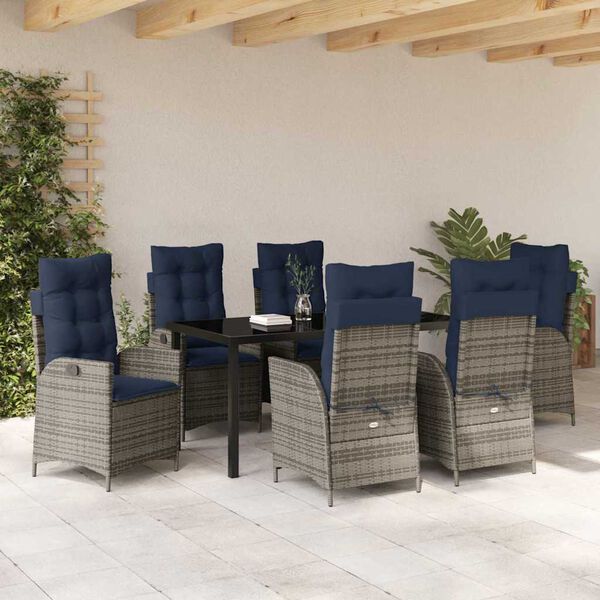 vidaXL Garden Dining Set with Cushion 7 pcs Grey and Black Rattan