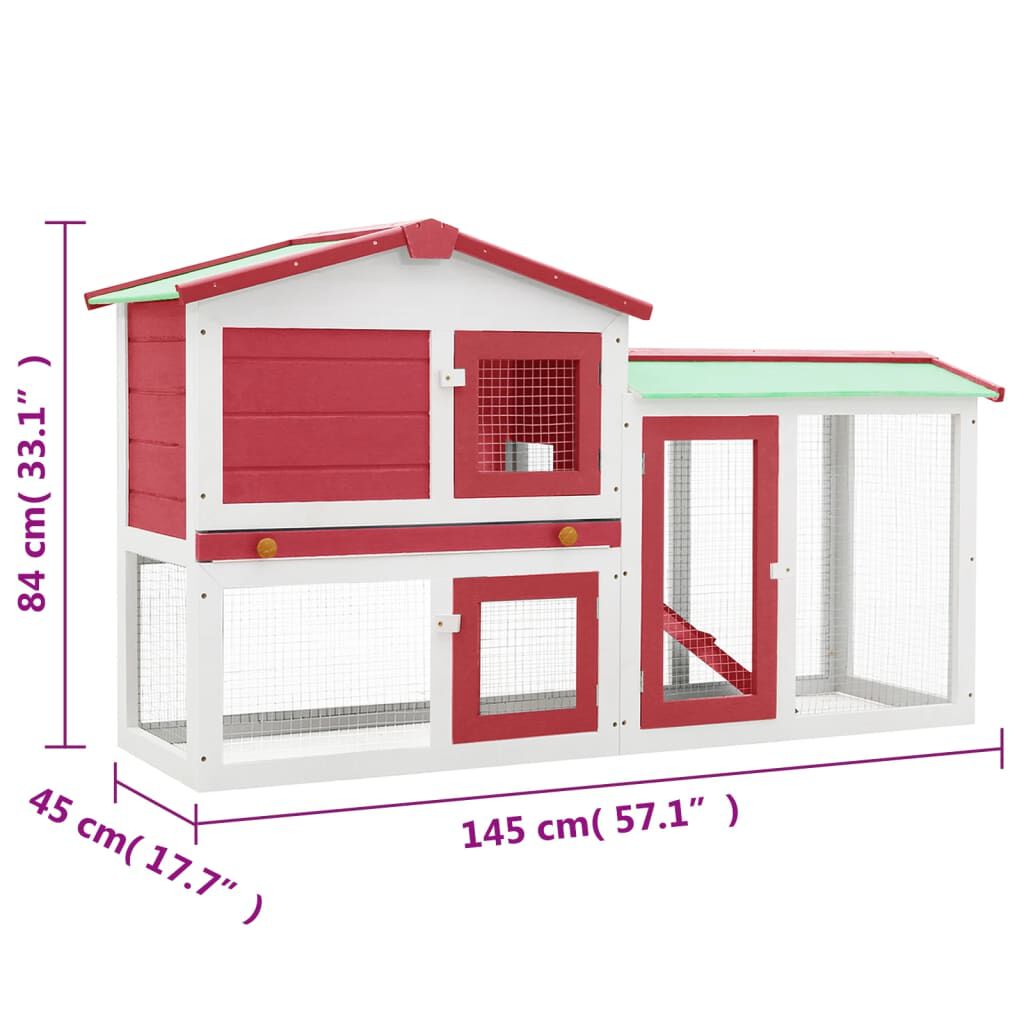 vidaXL Outdoor Large Rabbit Hutch Red and White 145 x 45 x 84 Wood