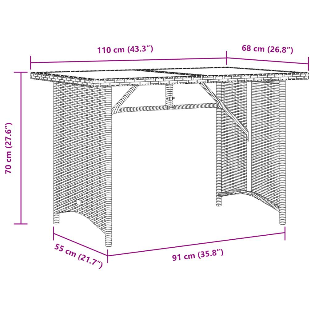 vidaXL Garden Table with Glass Top Grey 110x68x70 cm Poly Rattan