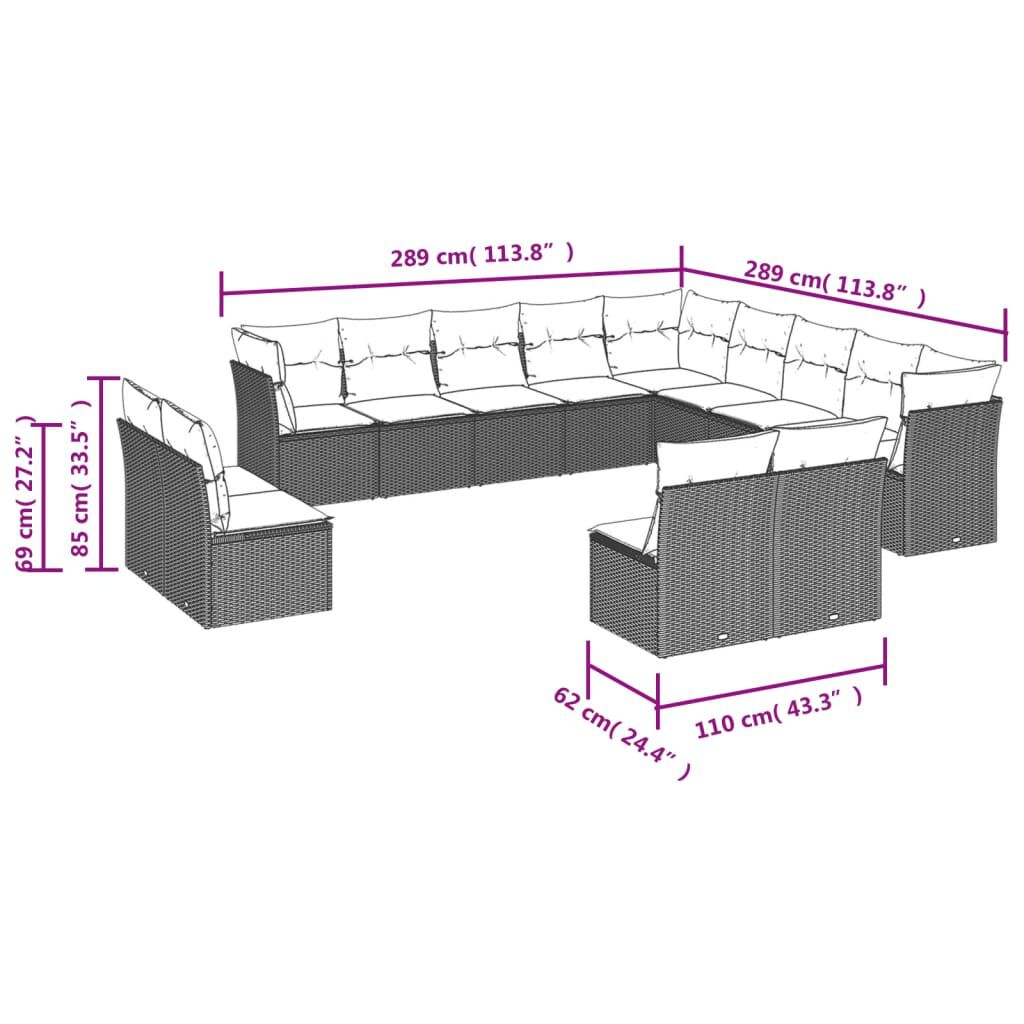 vidaXL 12 Piece Garden Sofa Set with Cushions Grey Poly Rattan
