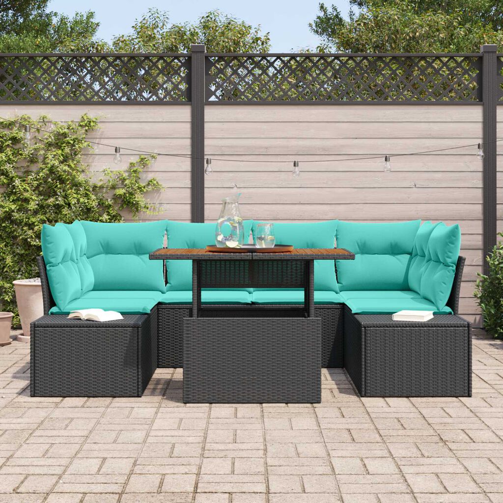 vidaXL 7 Piece Garden Sofa Set with Cushions Black Poly Rattan