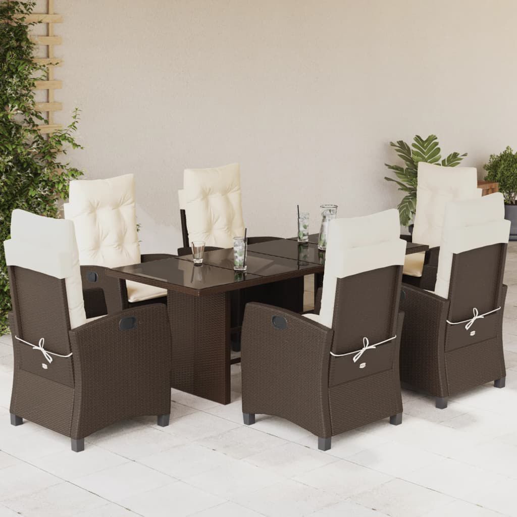 vidaXL 7 Piece Garden Dining Set with Cushions Brown Poly Rattan