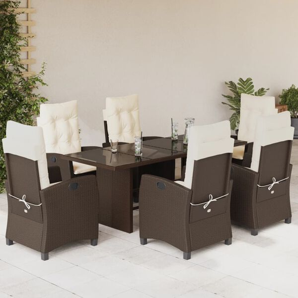 vidaXL 7 Piece Garden Dining Set with Cushions Brown Poly Rattan