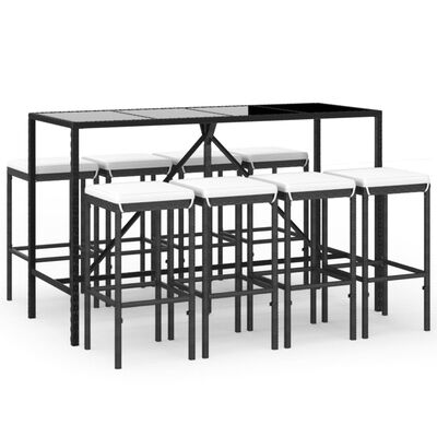 vidaXL 9 Piece Garden Bar Set with Cushions Black Poly Rattan