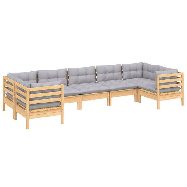 vidaXL 7 Piece Garden Lounge Set with Grey Cushions Pinewood