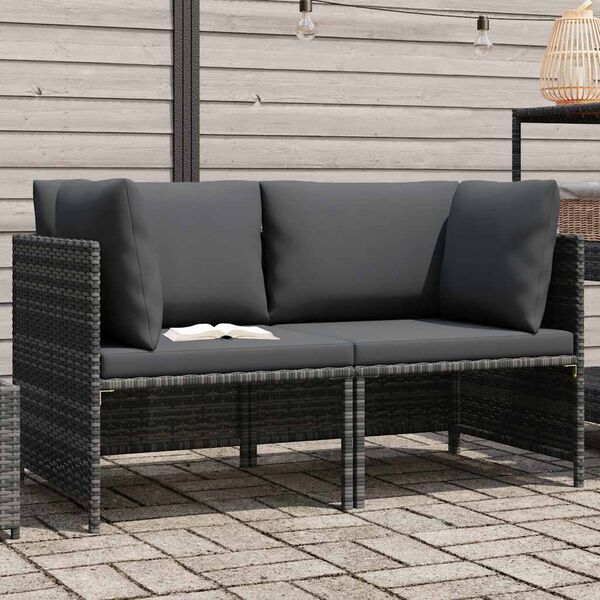vidaXL 2-Seater Garden Sofa with Cushions Grey Poly Rattan