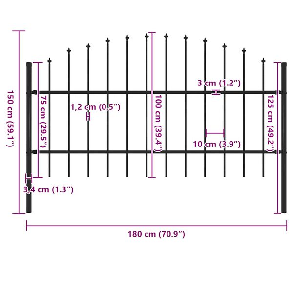 vidaXL Garden Fence with Spear Top Steel 181x100 cm Black
