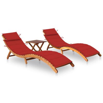 vidaXL Sun Loungers 2 pcs with Table and Cushions Solid Acacia Wood