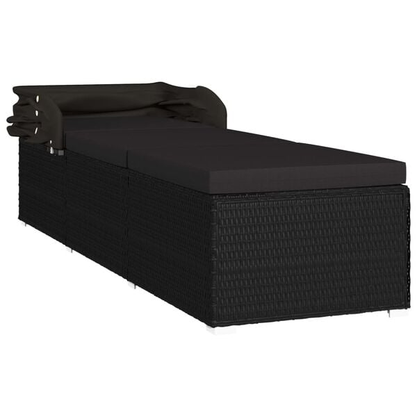 vidaXL Sun Lounger with Canopy and Cushion Poly Rattan Black