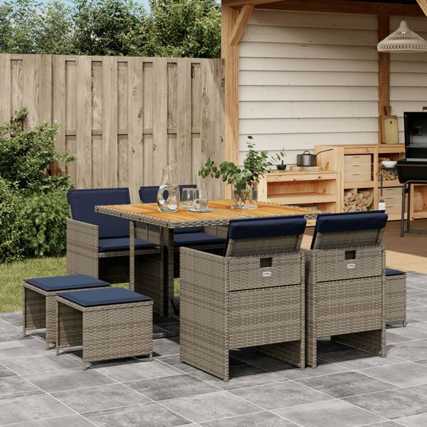 vidaXL 9 Piece Garden Dining Set with Cushions Grey Poly Rattan