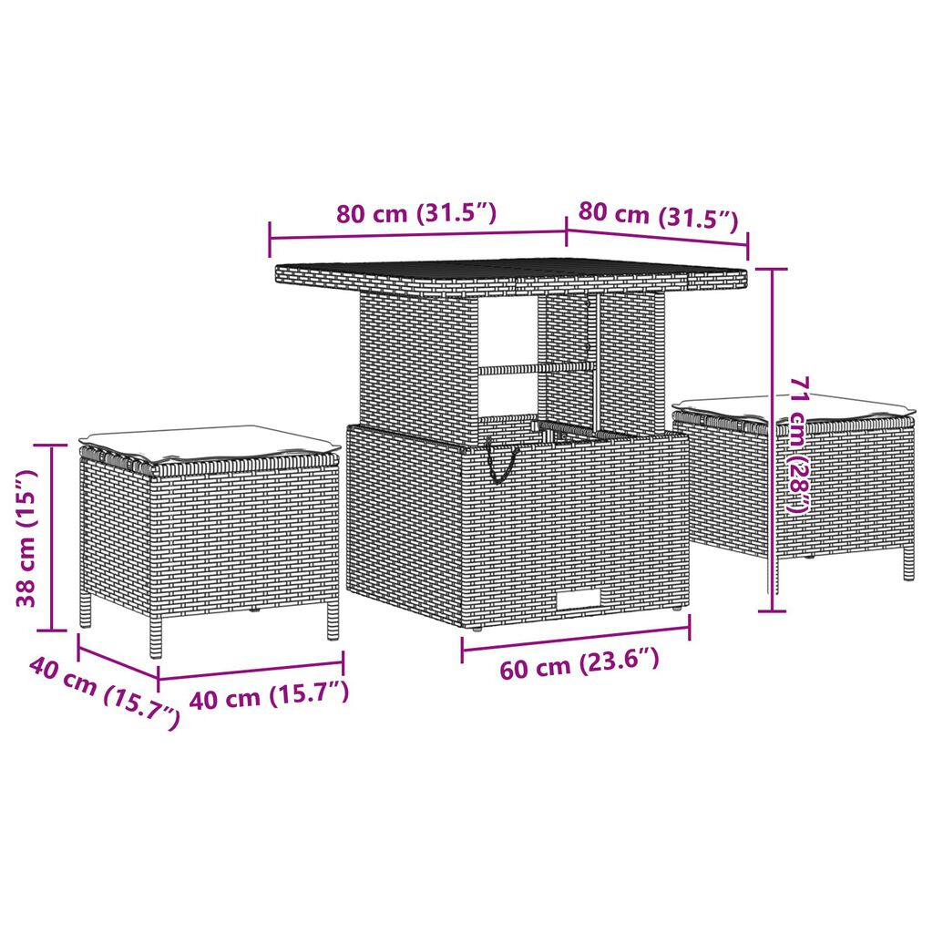 vidaXL 3 Piece Garden Dining Set with Cushions Black Poly Rattan Acacia