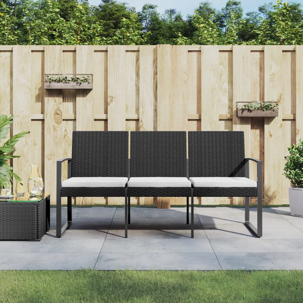 vidaXL 3-Seater Garden Bench with Cushions Black PP Rattan