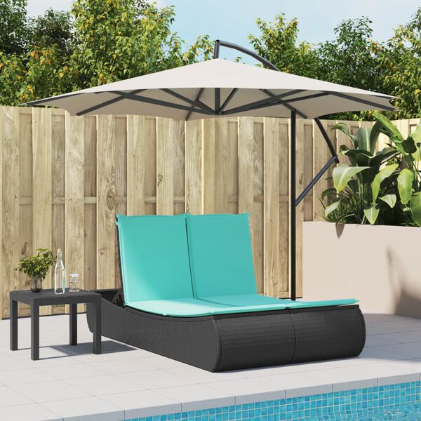 vidaXL Double Sun Lounger with Cushions Black Poly Rattan