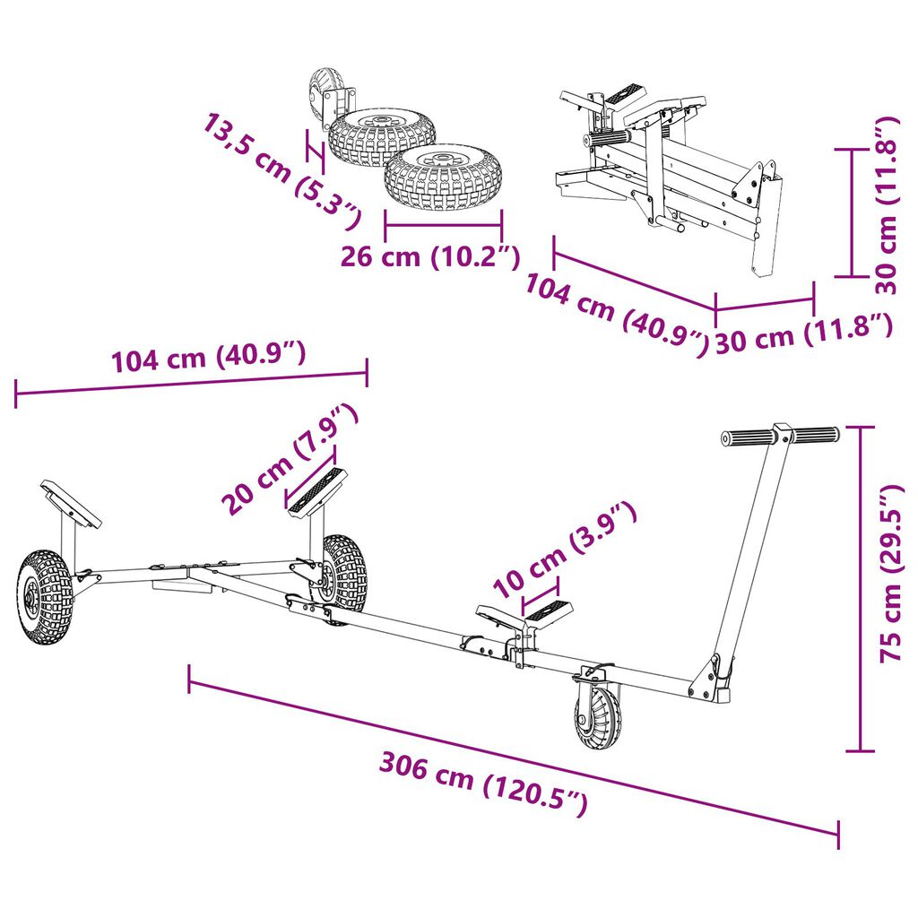 vidaXL Boat Trailer with 3 Wheels, Foldable and Adjustable, 160 kg Steel