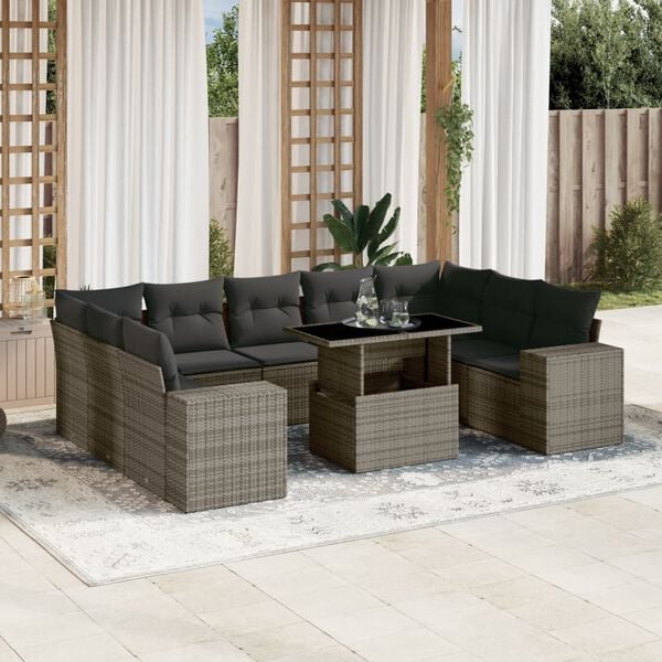 vidaXL 10 Piece Garden Sofa Set with Cushions Grey Poly Rattan