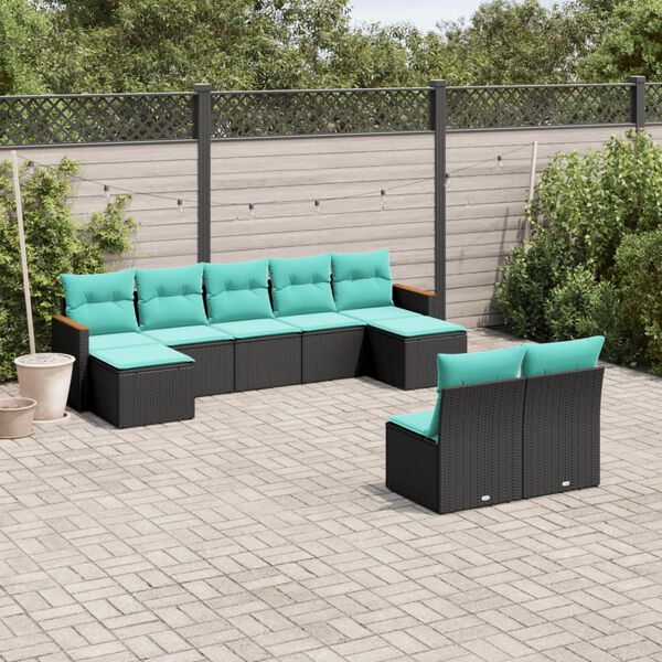 vidaXL 9 Piece Garden Sofa Set with Cushions Black Poly Rattan