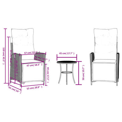 vidaXL 3 Piece Bistro Set with Cushions Grey Poly Rattan