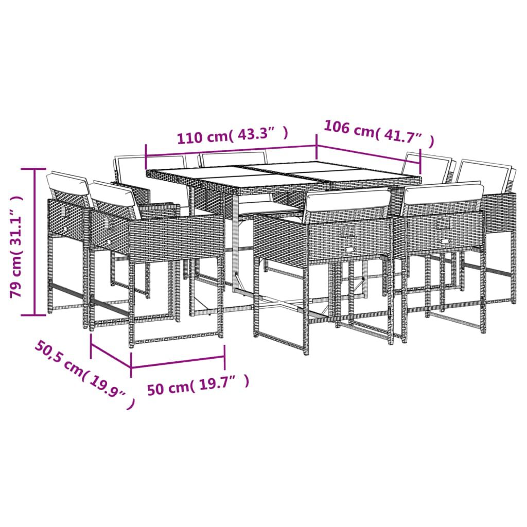 vidaXL 9 Piece Garden Dining Set with Cushions Grey Poly Rattan
