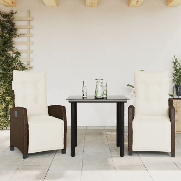vidaXL 3 Piece Garden Dining Set with Cushions Brown Poly Rattan