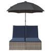 vidaXL Double Sun Lounger with Cushions&Parasol Grey Poly Rattan