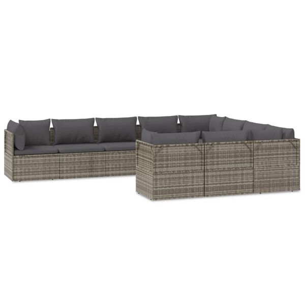 vidaXL 10 Piece Garden Lounge Set with Cushions Grey Poly Rattan