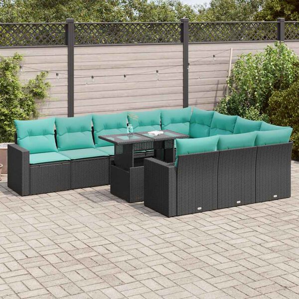 vidaXL 11 Piece Garden Sofa Set with Cushions Black Poly Rattan Acacia