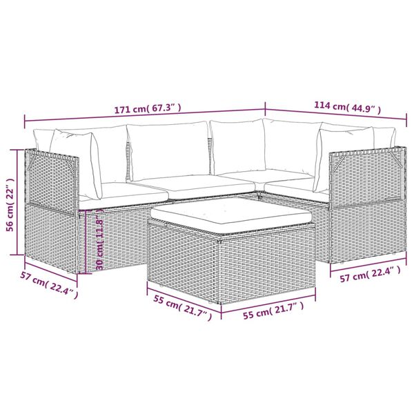 vidaXL 5 Piece Garden Lounge Set with Cushions Grey Poly Rattan
