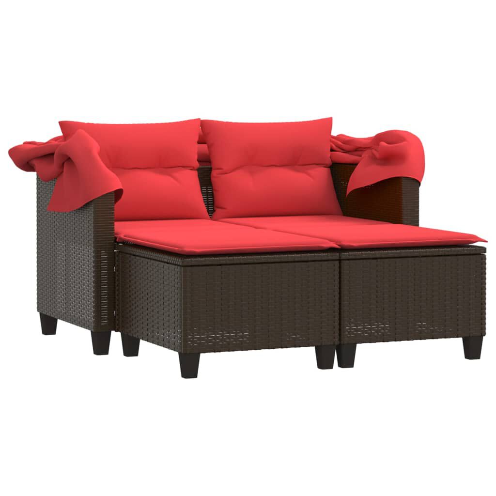 vidaXL Garden Sofa 2-Seater with Canopy and Stools Brown Poly Rattan