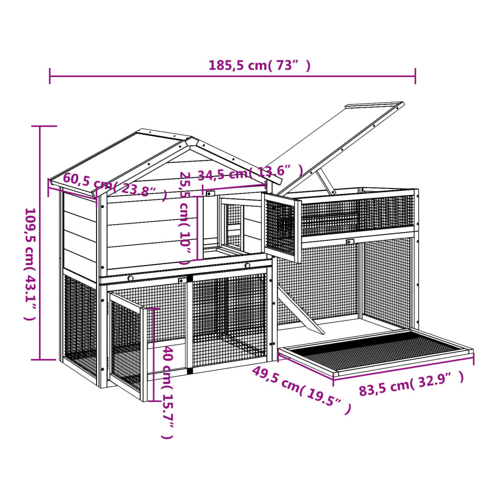 vidaXL Rabbit Hutch Brown 185.5x60.5x109.5 cm Solid Wood Pine